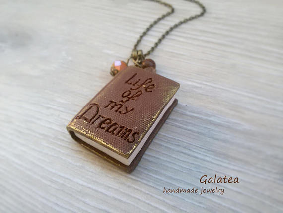 Book necklace Dream necklace Book lovers gift Woman Mini book jewelry Inspiration Necklace Brown Book Library jewelry Miniature Book pendant