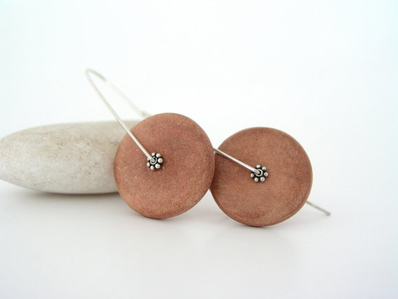 Brown disc clay earrings, ceramic faux, air dry clay, cinnamon, contemporary organic style, minimal earthly, medium long sterling silver,