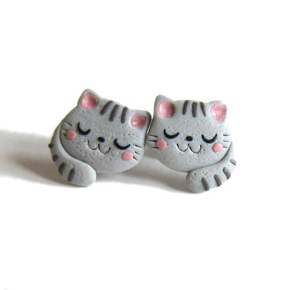 Cat Earrings, Animal Earrings, Polymer Clay Earrings, Polymer Clay Jewelry, Children Earrings, Girls Earrings, Cat Costume For Girls Fimo, polymer clay funny studs