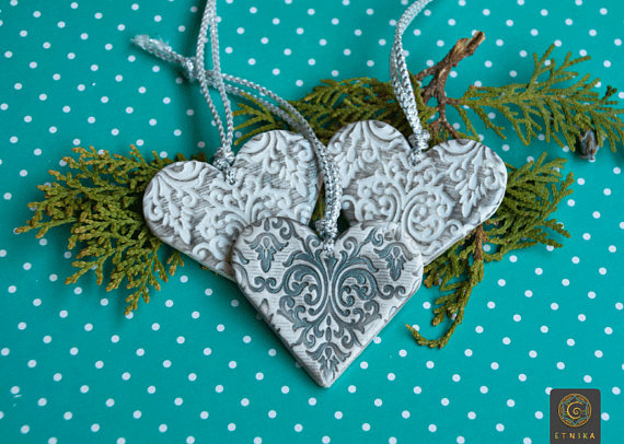 Christmas Clay Heart Ornament Bohemian Style Xmas Decoration White Silver Ornaments Hanging Ornament Romantic Christmas Wife Gift Tag