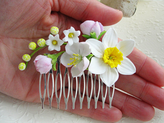 Christmas gift, Bridal hair comb - flower hair comb, daffodil, cherry blossom, lily of the valley - floral hair accessories - spring hair