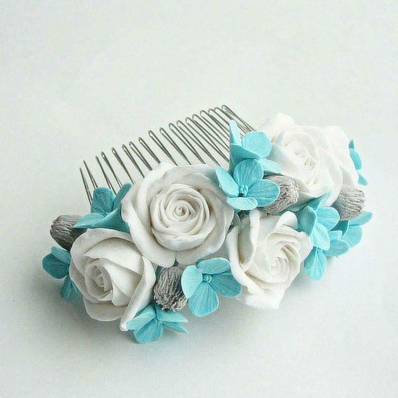 Christmas gift Powder Blue Dusty Wedding Bridal Hair Comb White Rose Flower Comb Something Blue Wedding Bridesmaid Hair Accessory