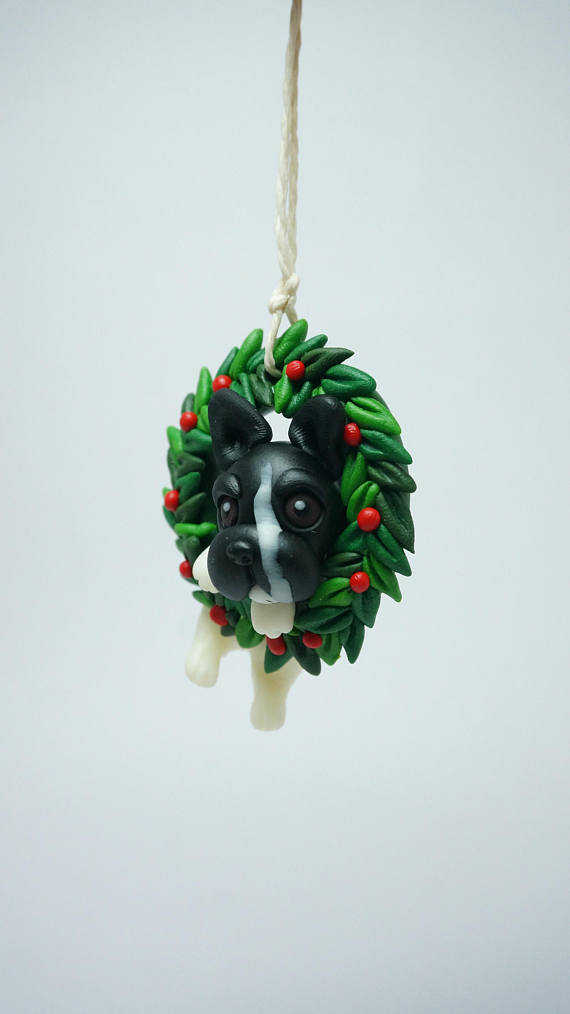 Christmas ornament, Xmas wreath, French Bulldog ornament clay miniature, Dog breed clay figure, custom dogs ornament, handmade clay pet