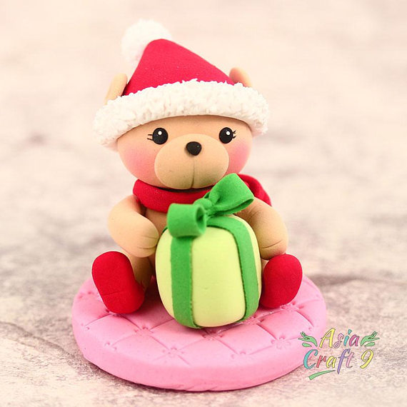 Clay handcrafted Christmas bear Christmas decoration- Xmas tree ornament clay miniature