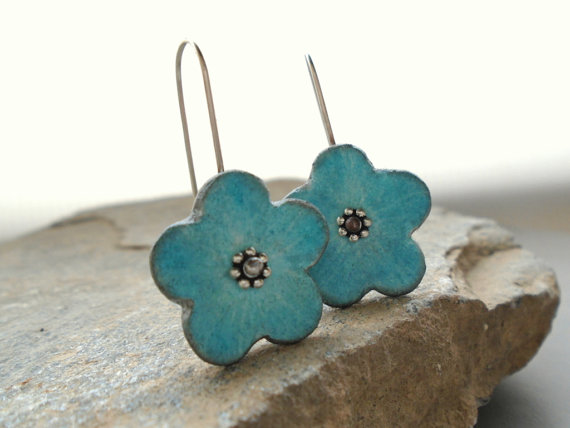 Clay rustic earrings blue turquoise grey flower, air dry clay eco friendly jewelry faux ceramic, sterling silver, floral organic, daisy