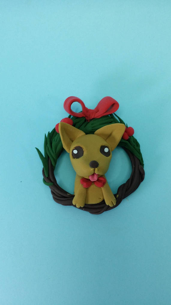 Dog Christmas ornament,Chihuahua dog ornament clay miniature, clay figure, custom dogs Xmas wreath, handmade clay pet for dog or cat lovers