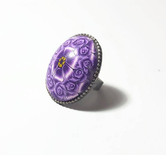 Fashion purple, purple ring, gift for teen, party ring, big ring, oval ring, floral purple ring, shabby chic ring, statement ring, chic ring