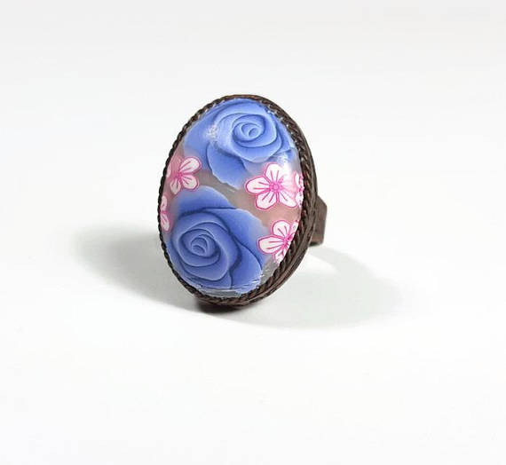 Large polymer clay oval flower canes ring ideas