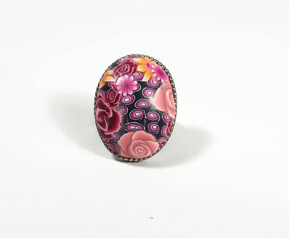 Large polymer clay oval flower canes ring ideas