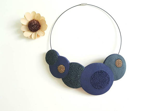 Beautiful autumn polymer clay necklace, statement necklace,green and navy blue necklace,elegant modern necklace