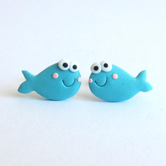 Fish Earrings, Small Girls Jewelry, Kawaii Jewelry, Polymer Clay Jewelry, Blue Earrings, Funny Earrings, Stud Earrings Polymer Clay Earrings