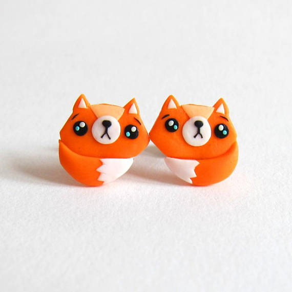 Fox Earrings, Animal Earrings, Polymer Clay Earrings, Fimo Jewelry, Children Earrings, Girls Earrings, Orange Earrings, Stud Earrings, polymer clay funny studs