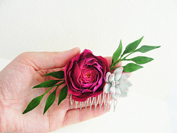 Fuchsia Ranunculus Gray Pink Succulent Flower Wedding Bridal Hair Comb. Collage Hair Comb. Bridal Comb, wedding headpiece