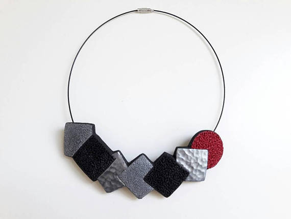 Geometric bib necklace, red, black and silver, polymer clay necklace, choker necklace, fimo modern necklace