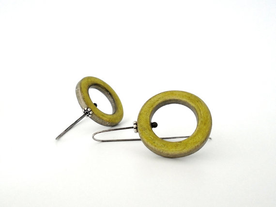 Geometrical yellow green and grey modern hoop clay earrings sterling silver, air dry clay jewelry, chartreuse, circle, organic shabby chic