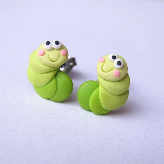 Green Earrings, Caterpillar Earrings, Polymer Clay Jewelry, Animal Earrings, Girls Earrings, Stud Earrings, BBQ Garden Party Jewelry Fimo