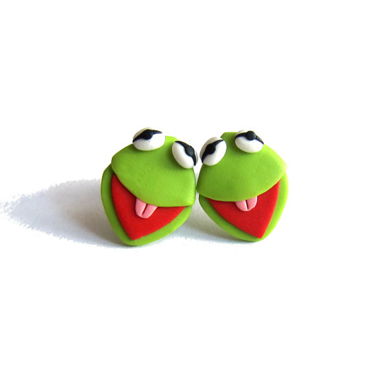 Green Earrings, Kermit The Frog Earrings, The Muppets, Handmade Earrings, Funny Gifts Ideas for Girls Jewelry, Polymer Clay Jewelry, Studs