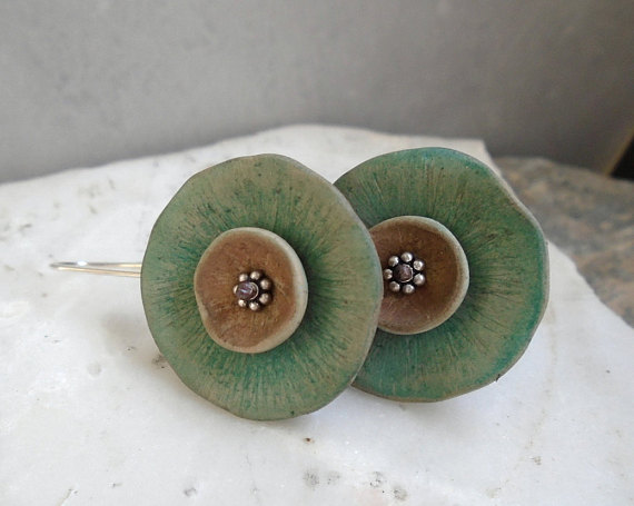 Green and brown poppy polymer earrings, distressed, sterling silver, rustic jewelry, shabby chic, anemone jewelry, nature, modern abstract