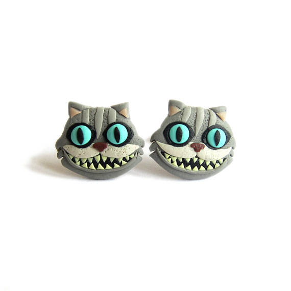 Halloween Jewelry, Halloween Cat Earrings, Halloween Costume, Alice in Wonderland Earrings, Cheshire Cat Earrings, Scary Earrings Fimo Studs