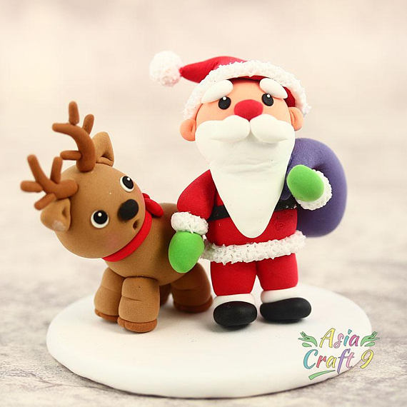 Handcrafted Santa Claus and Reindeer clay figure- Christmas decoration