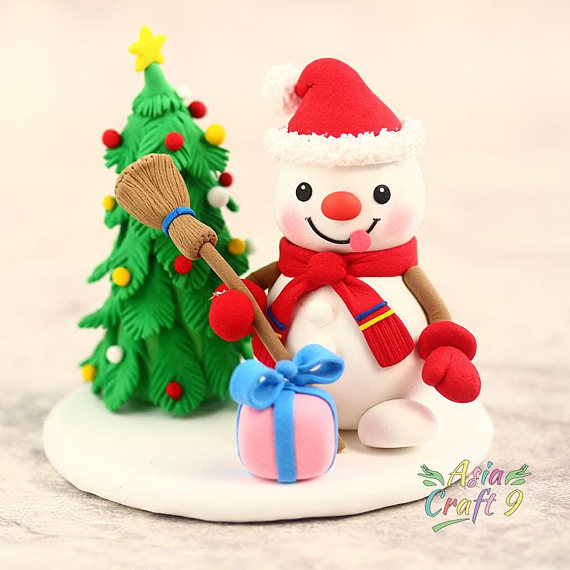 Handcrafted clay Snowman and Christmas tree Xmas decoration