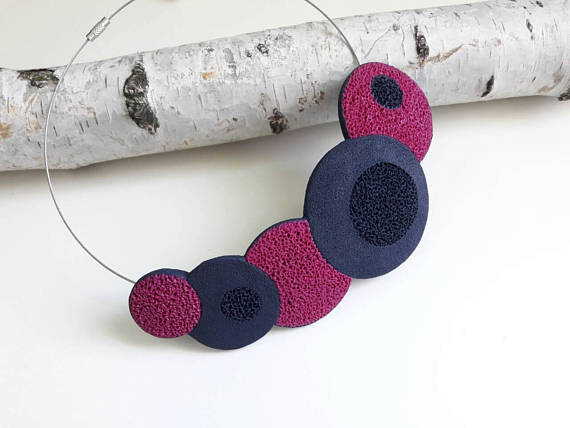 Handmade necklace Polymer clay jewelry Bib necklace Statement necklace Tribal necklace Modern jewelry navy blue and magenta, fimo necklace