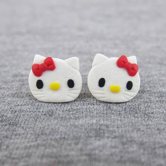 Hello Kitty Earrings, Hello Kitty Outfit, White Cat Earrings, Cute Earrings, Kawaii Earrings, Small Girls Earrings, Polymer Clay Earrings