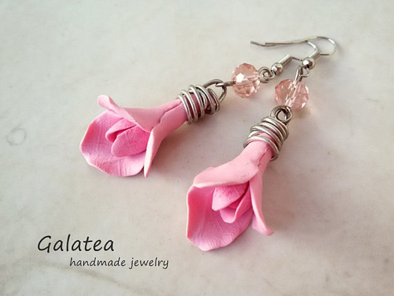 Hot Pink Flower earrings Pink Drop earrings Romantic Flowers earrings Bridesmaid jewelry Spring Wedding earrings Spring Floral earrings