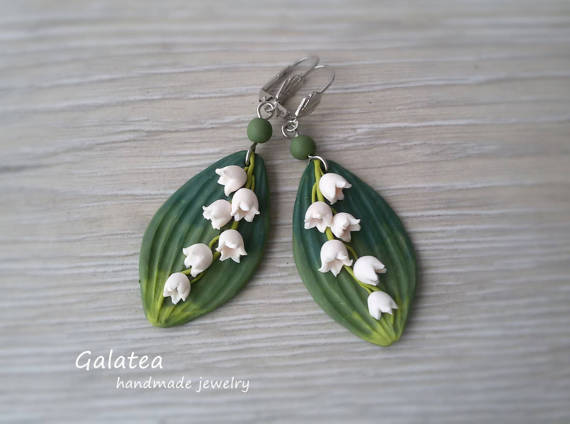Lily of the valley earrings may-lily earrings May-lily leaves jewelry Woodland earrings Lily jewelry Bridal shower gift Drop floral earrings