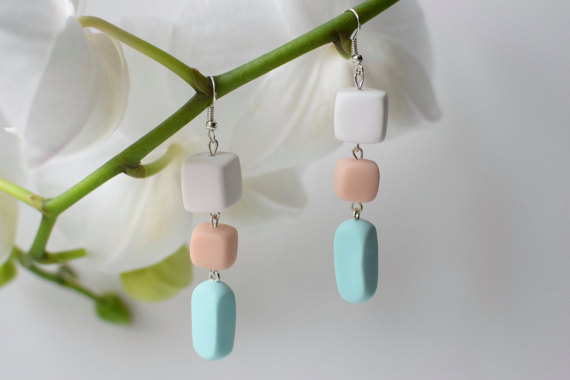 Mint Dangle earrings, Pastel Drop earrings, Beaded jewelry, Geometric earrings, Mint Long earrings, Dangling earrings, Polymer clay earrings