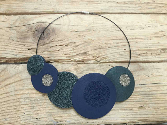 Modern polymer clay necklace, fimo necklace, polymer clay handmade bib necklace, statement necklace, navy blue and green necklace, gift for her, coral texture