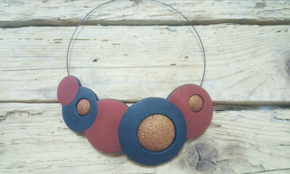 Modern polymer clay necklace, statement necklace, gift for her, geometric necklace, opal green and copper, fimo necklace