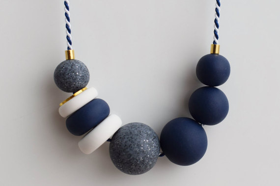 Navy Chunky necklace, Urban necklace, Blue Statement necklace, Beaded jewelry, Geometric necklace, Modern jewelry, Clay Marine necklace