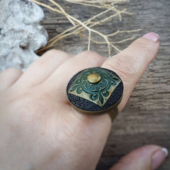 Ornamental Ring for Women Polymer Clay Ring Black & Green Ring Artisan Ring Bohemian Ring Adjustable Statement Rings Boho Chic Jewelry