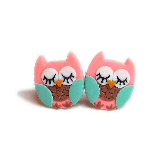 Owl Costume, Owl Earrings, Owl Jewelry, Small Girls Earrings, Polymer Clay Earrings, Polymer Clay Jewelry, Pink Earrings, Cute Earrings Fimo
