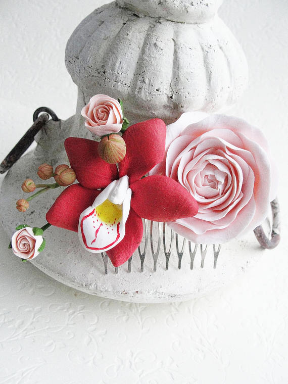 Polymer clay flower hair comb