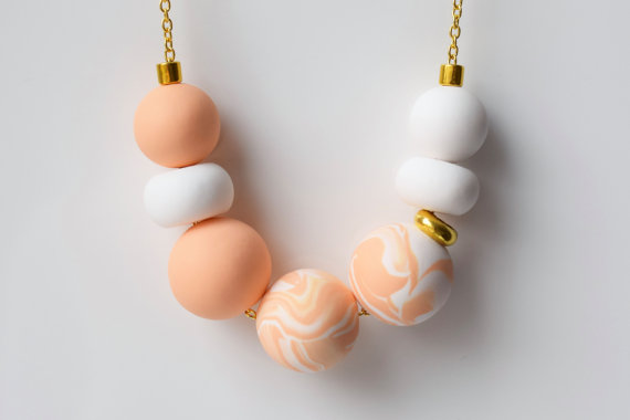 Peach Statement necklace, Pastel Bead necklace, Handmade Minimalist necklace, Polymer clay necklace, Pastel jewelry, Geometric Modern gift