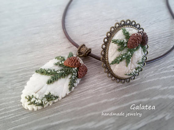 Pinecone jewelry set Woodland jewelry set Christmas Holiday jewelry Pine cone necklace Woodland ring Forest jewelry set Nature necklace, polymer clay pinecone jewelry ideas for winter