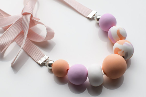 Pink Chunky necklace, Modern Statement necklace, Pastel jewelry, Peach Beaded necklace, Polymer Clay jewelry, Ribbon necklace, Urban jewelry