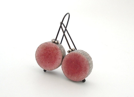 Pink and grey clay minimal earrings modern textured disc round contemporary eco friendly rustic air dry clay oxidized sterling faux ceramic