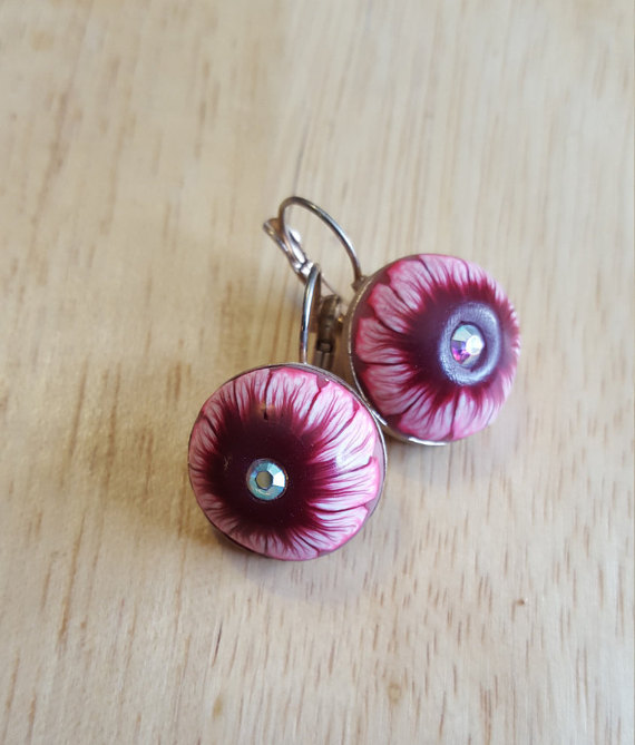 Pink earrings, Crystal earrings, Red floral earrings, Polymer clay earrings, Round earrings, Lightweight small earrings, chic gift for teens