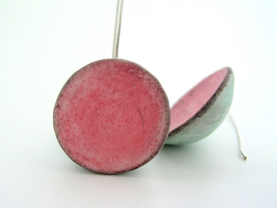 Pink, mint green air dry clay dome earrings, shabby chic, organic, sterling silver, clay modern earrings