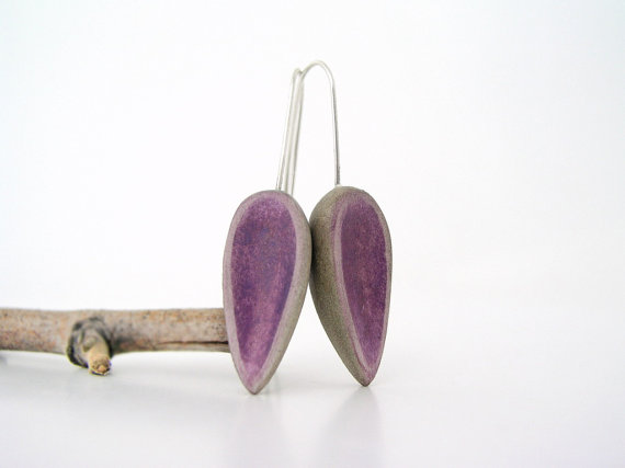 Plum purple grey - green olive clay earrings, air dry clay drop medium long minimalist jewelry organic form contemporary sterling silver