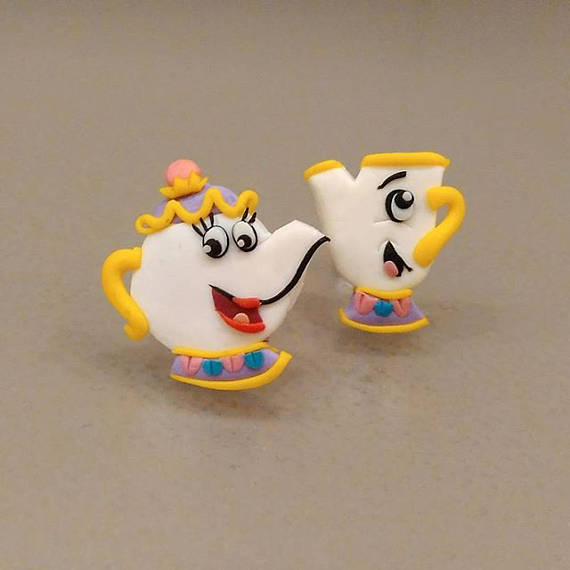 Polymer Clay Earrings Polymer Clay Jewelry Girls Earrings Mrs Potts and Chip Tea Set, Beauty and The Beast, Funny Earrings, Cartoon Earrings