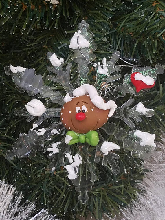 Polymer Clay Gingerbread Man Face with Pearl Green Bow Tie on Acrylic Snowflake - ORNAMENT