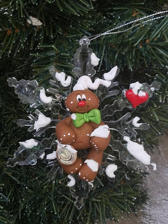 Polymer Clay Gingerbread with Cinnamon Bun on Acrylic Snowflake ORNAMENT