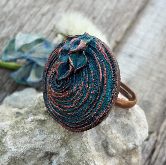 Polymer Clay Jewelry Statement Chunky Ring Gift for Her Rustic Boho Ring Womens Art Jewelry unusual jewelry Shop copper patina ring leland