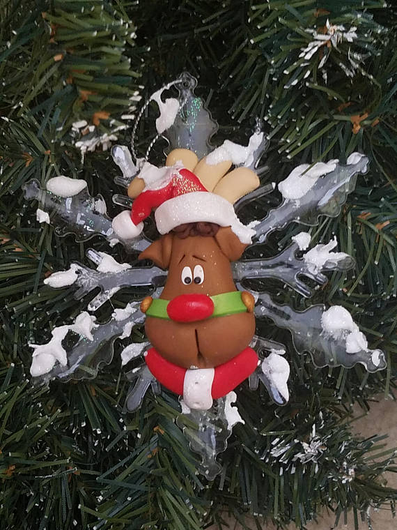 Polymer Clay Reindeer in Santa Suit on Acrylic Snowflake ORNAMENT
