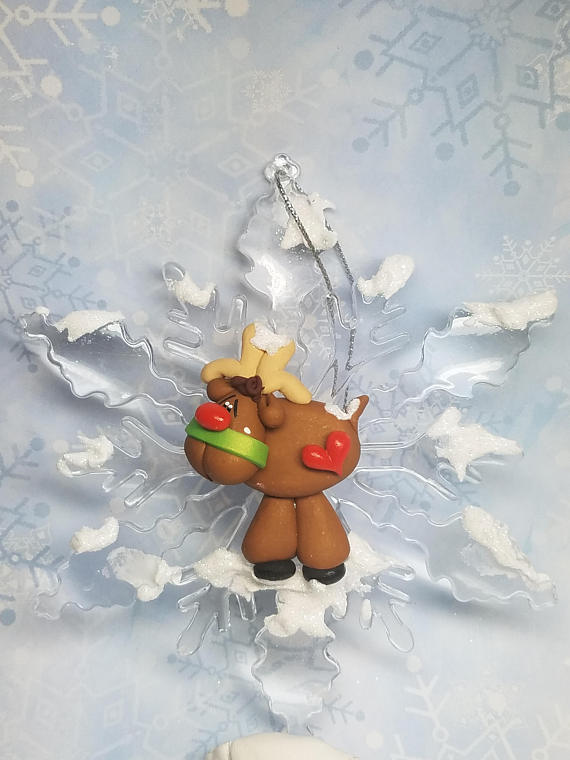 Polymer Clay Reindeer on Acrylic Snowflake ORNAMENT