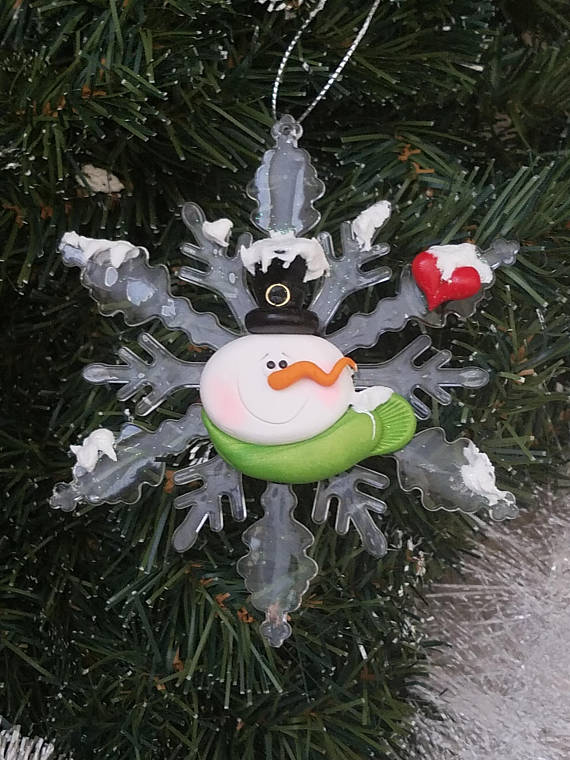 Polymer Clay Snowman 'B' with Top Hat and Green Pearl Scarf on Acrylic Snowflake - ORNAMENT